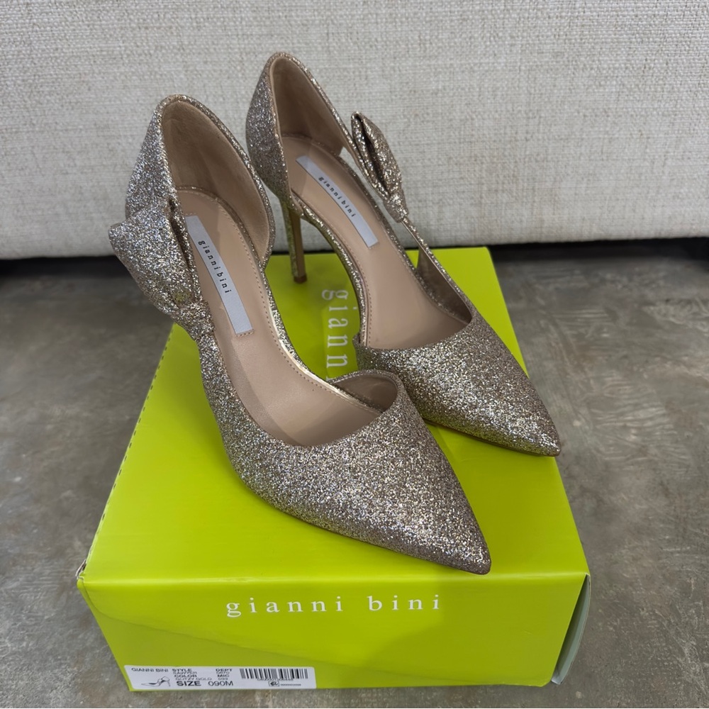 Gianni Bini Gold Glitter Pointed Toe Bow Stiletto Heels